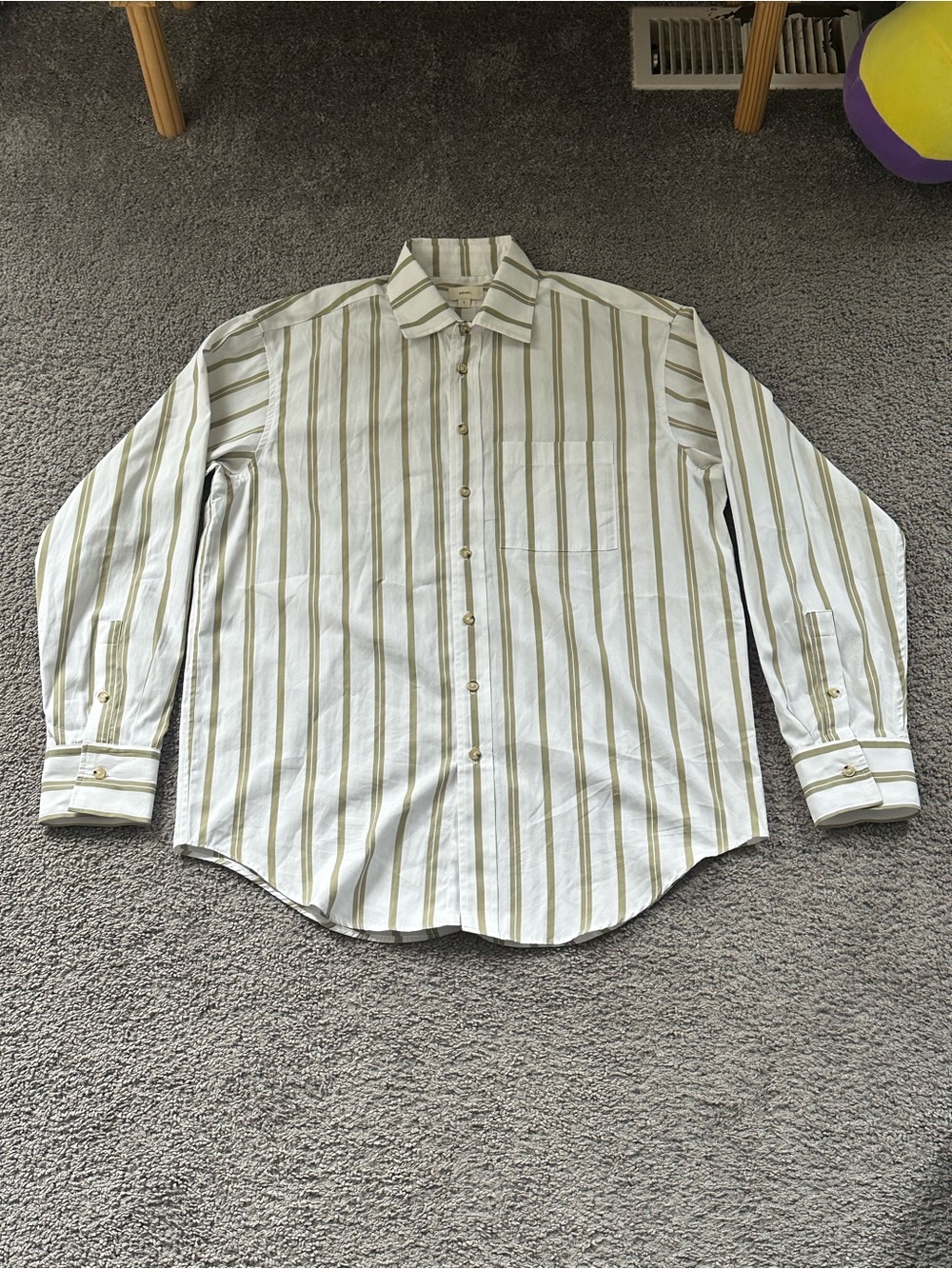 DONNI. White button down Shirt with Olive Stripes